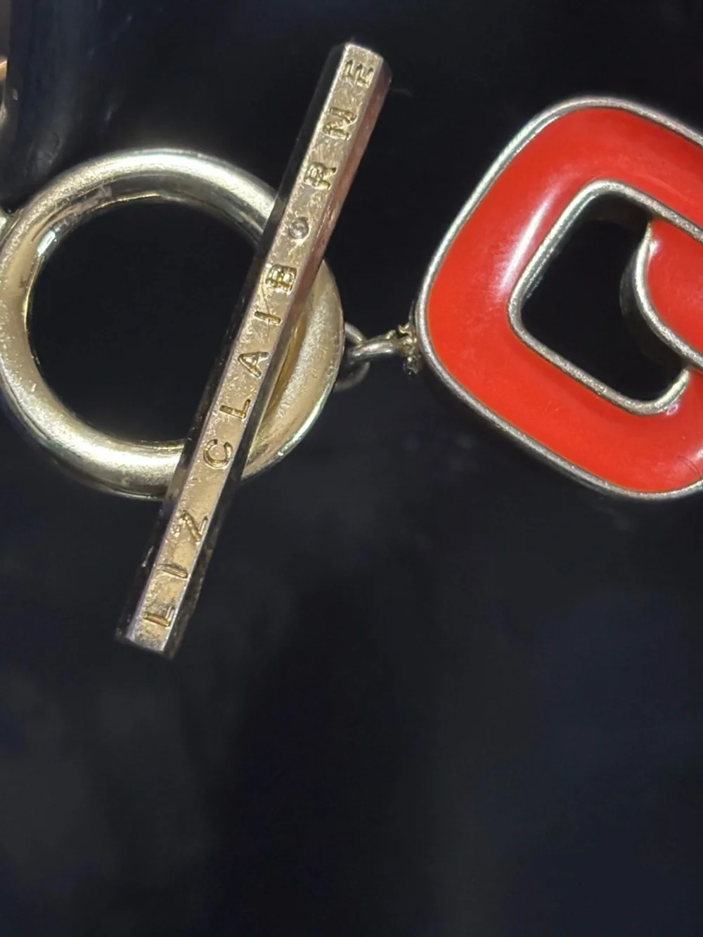 LIZ CLAIBORNE Vintage Gold Tone & Orange Enamel Interlocking Square Necklace –